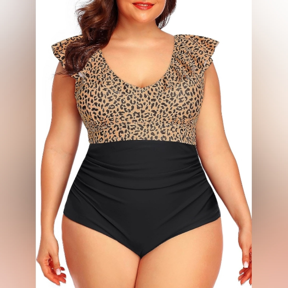 DACI Leopard Cheetah Ruffle V-Neck Ruched Curvy Plus Full Figure Swimsuit NWT
